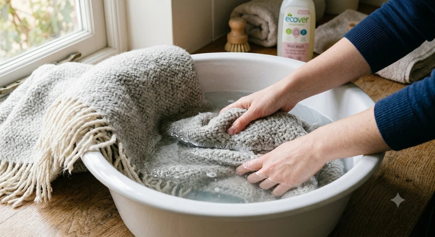 Hand washing a wool blanket in a basin of cool water