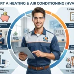 Infographic detailing the step-by-step process of how to start a heating and air conditioning business, featuring a technician, tools, and a service van.