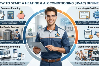 Infographic detailing the step-by-step process of how to start a heating and air conditioning business, featuring a technician, tools, and a service van.