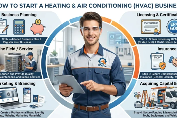 Infographic detailing the step-by-step process of how to start a heating and air conditioning business, featuring a technician, tools, and a service van.