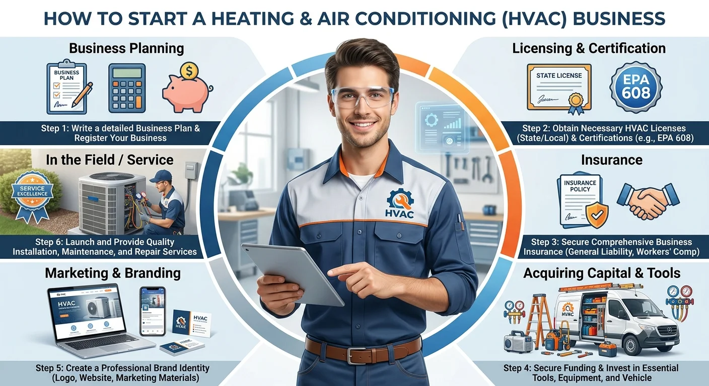 Infographic detailing the step-by-step process of how to start a heating and air conditioning business, featuring a technician, tools, and a service van.