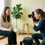 A female photographer kneels down to take a photo of a young woman laughing during a photoshoot in a natural light studio. This image demonstrates the hands-on work and client interaction involved in running a photography company, a key consideration for anyone researching how to start a photography business.