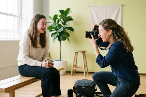 A female photographer kneels down to take a photo of a young woman laughing during a photoshoot in a natural light studio. This image demonstrates the hands-on work and client interaction involved in running a photography company, a key consideration for anyone researching how to start a photography business.