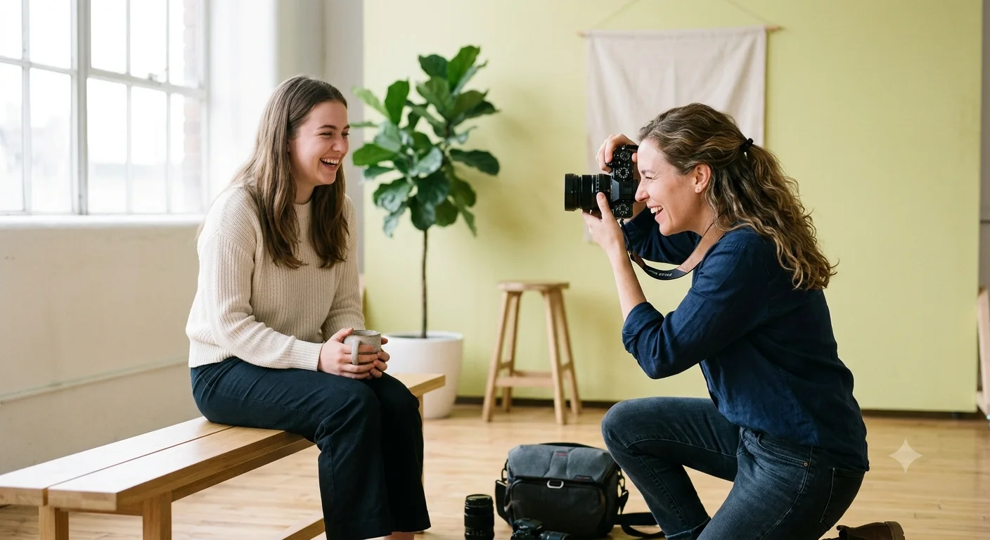 A female photographer kneels down to take a photo of a young woman laughing during a photoshoot in a natural light studio. This image demonstrates the hands-on work and client interaction involved in running a photography company, a key consideration for anyone researching how to start a photography business.