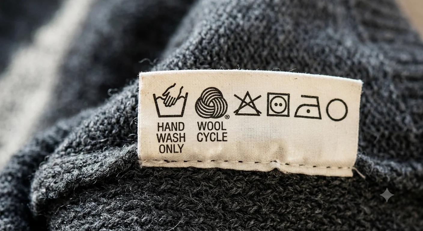Wool blanket care label showing washing instructions
