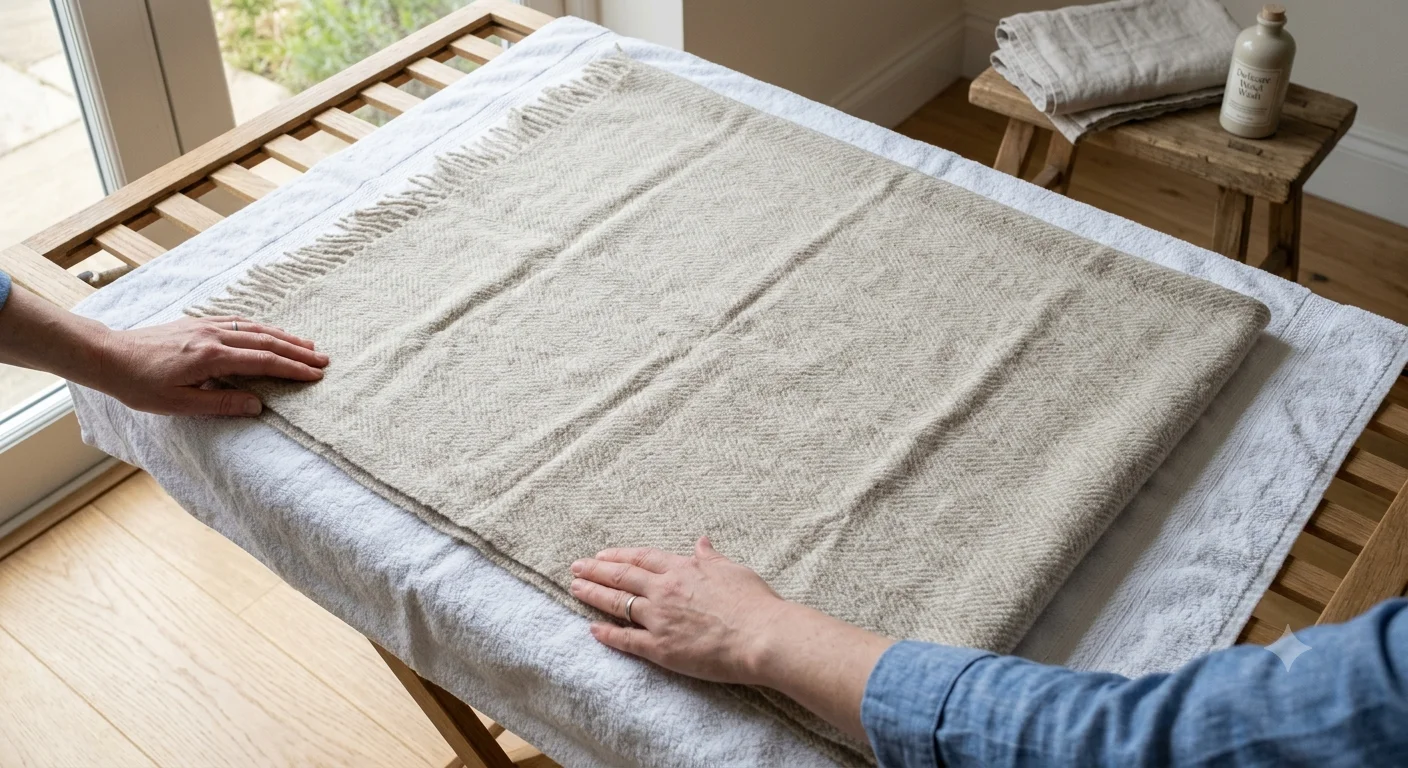 Wool blanket drying flat on a rack to prevent shrinking