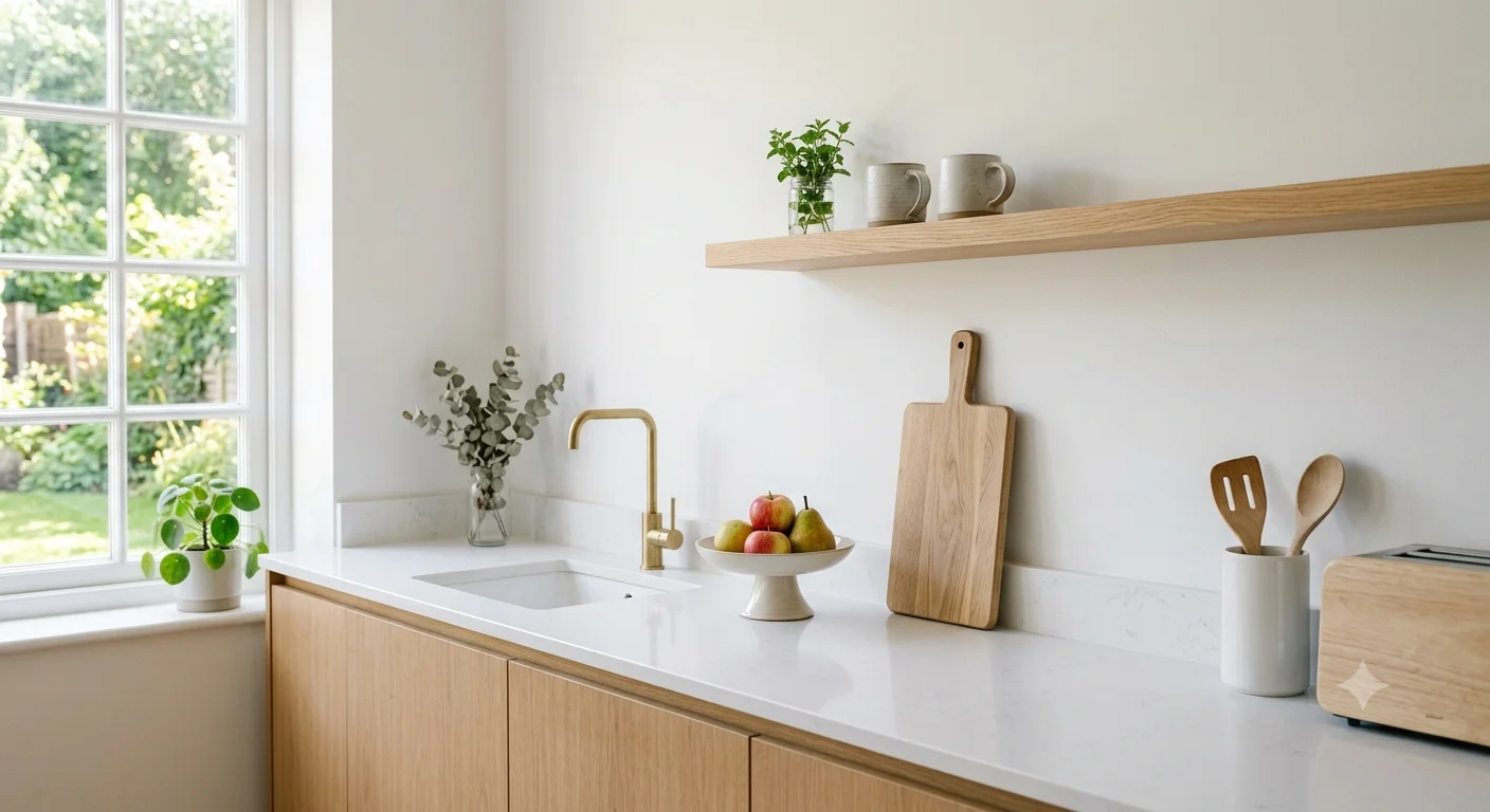 Minimalist kitchen counter with gold faucet, natural light from the window, fresh fruit, and wooden accents.