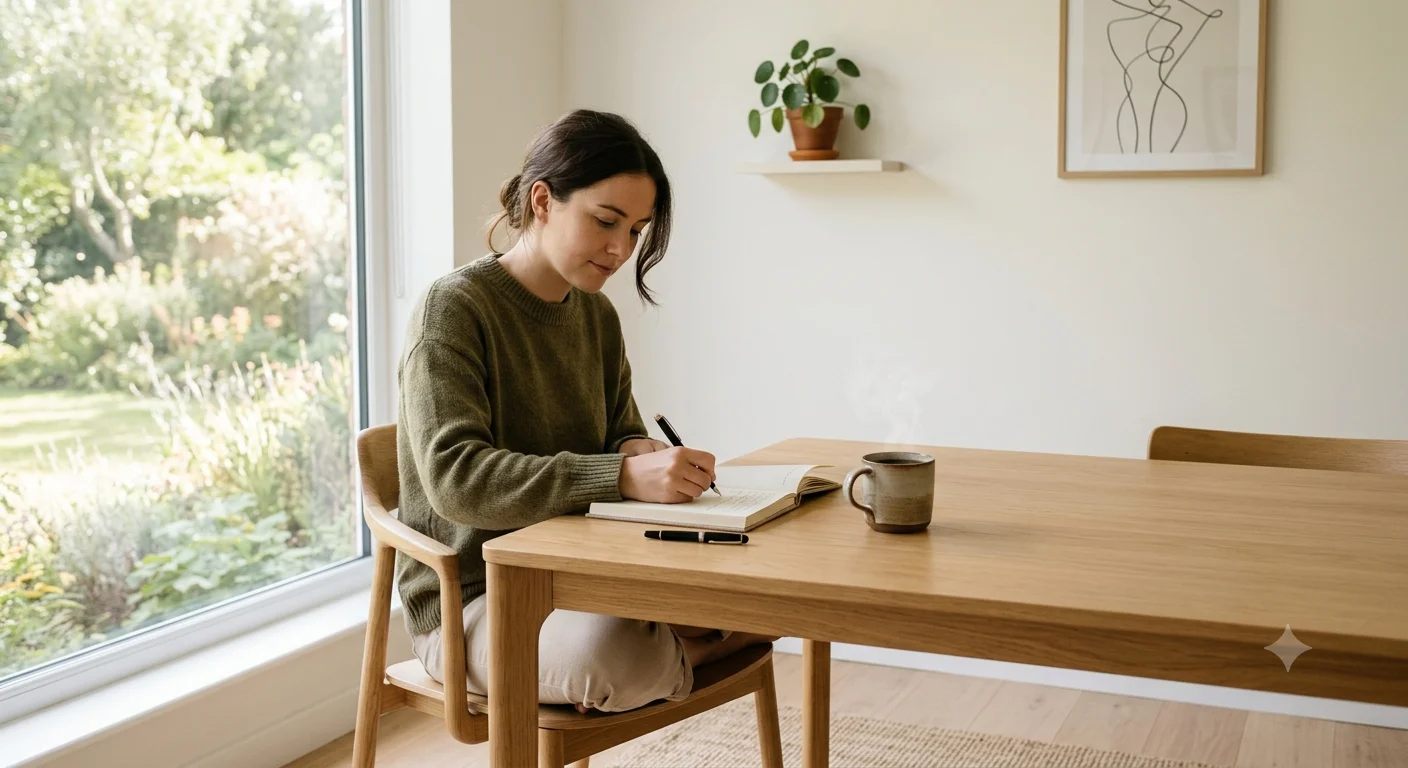 A woman in an olive sweater sits at a wooden table, writing in a journal next to a steaming mug of coffee, with a garden view outside the window.