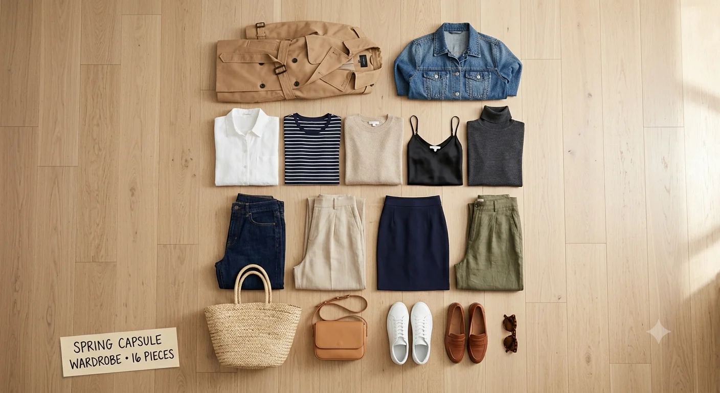 A curated 16-piece Spring capsule wardrobe flat lay on a light wood floor. Includes a trench coat, denim jacket, various tops and trousers, shoes, and bags with a label reading "SPRING CAPSULE WARDROBE • 16 PIECES."