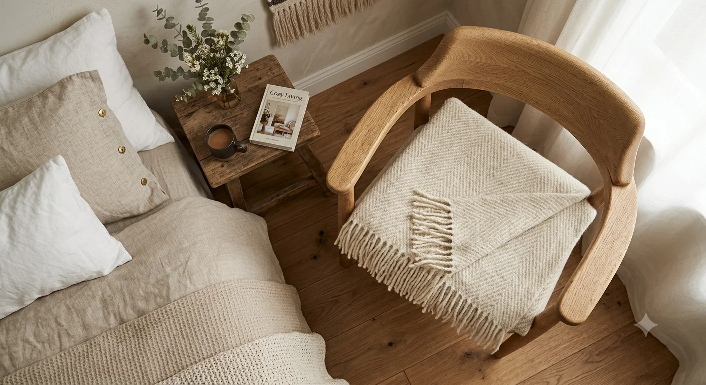 A cozy bedroom corner with a natural wood chair holding a folded wool blanket with fringes. Next to it is a bed and a rustic side table with a mug and a book titled 'Cozy Living', perfectly illustrating the comfort of wool that needs careful maintenance, often searched for by those looking for how to wash wool blanket.