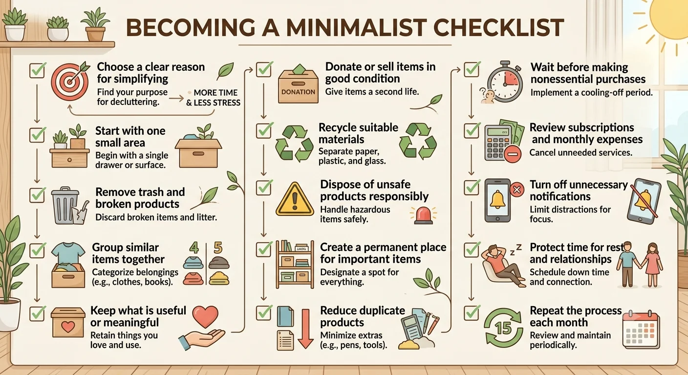 An infographic checklist for becoming a minimalist, featuring icons and 15 actionable steps across four columns.