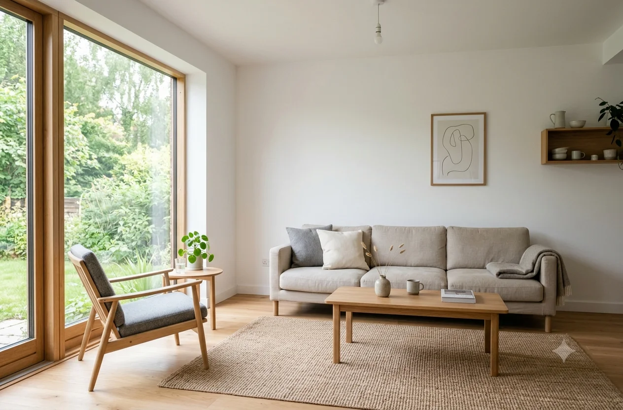 A bright, minimalist living room with wood floors and natural light. Discover how to create a more intentional life with these minimalist lifestyle tips.