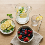 total body cleanse essentials, water and whole foods flat lay for 5 day body cleanse