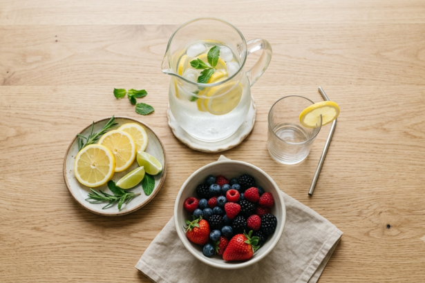 total body cleanse essentials, water and whole foods flat lay for 5 day body cleanse