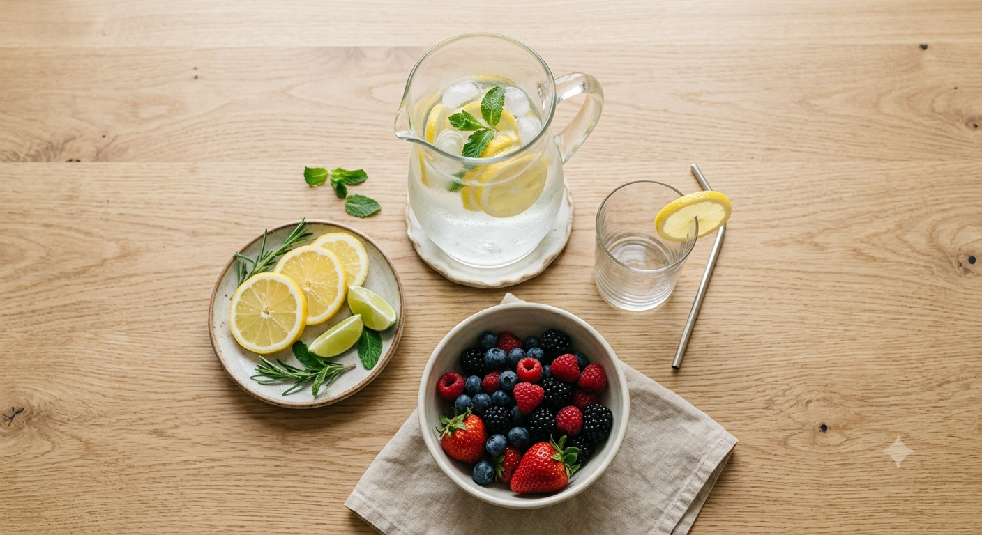 total body cleanse essentials, water and whole foods flat lay for 5 day body cleanse
