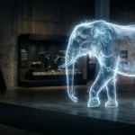 Glowing holographic elephant walking through a dark artificial zoo exhibit as visitors watch