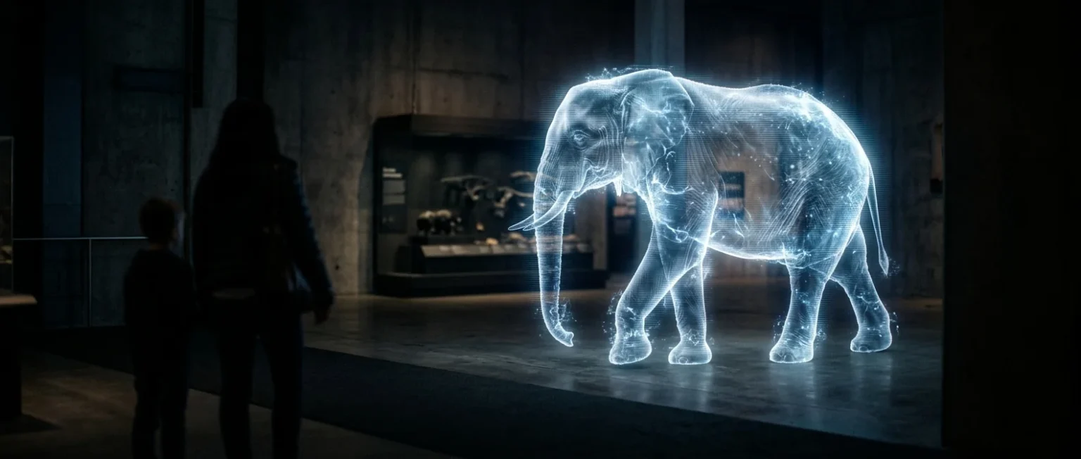 Glowing holographic elephant walking through a dark artificial zoo exhibit as visitors watch