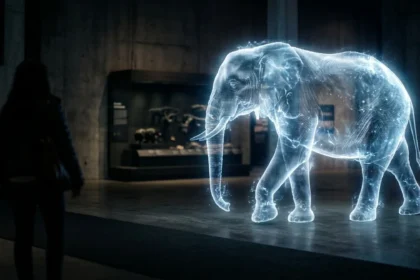 Glowing holographic elephant walking through a dark artificial zoo exhibit as visitors watch