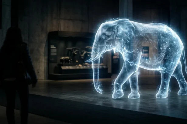 Glowing holographic elephant walking through a dark artificial zoo exhibit as visitors watch