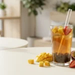 Babeltee bubble tea with tapioca pearls and fresh fruit flavors