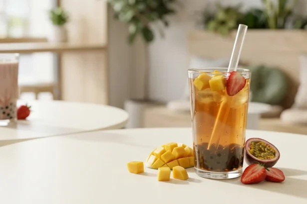 Babeltee bubble tea with tapioca pearls and fresh fruit flavors