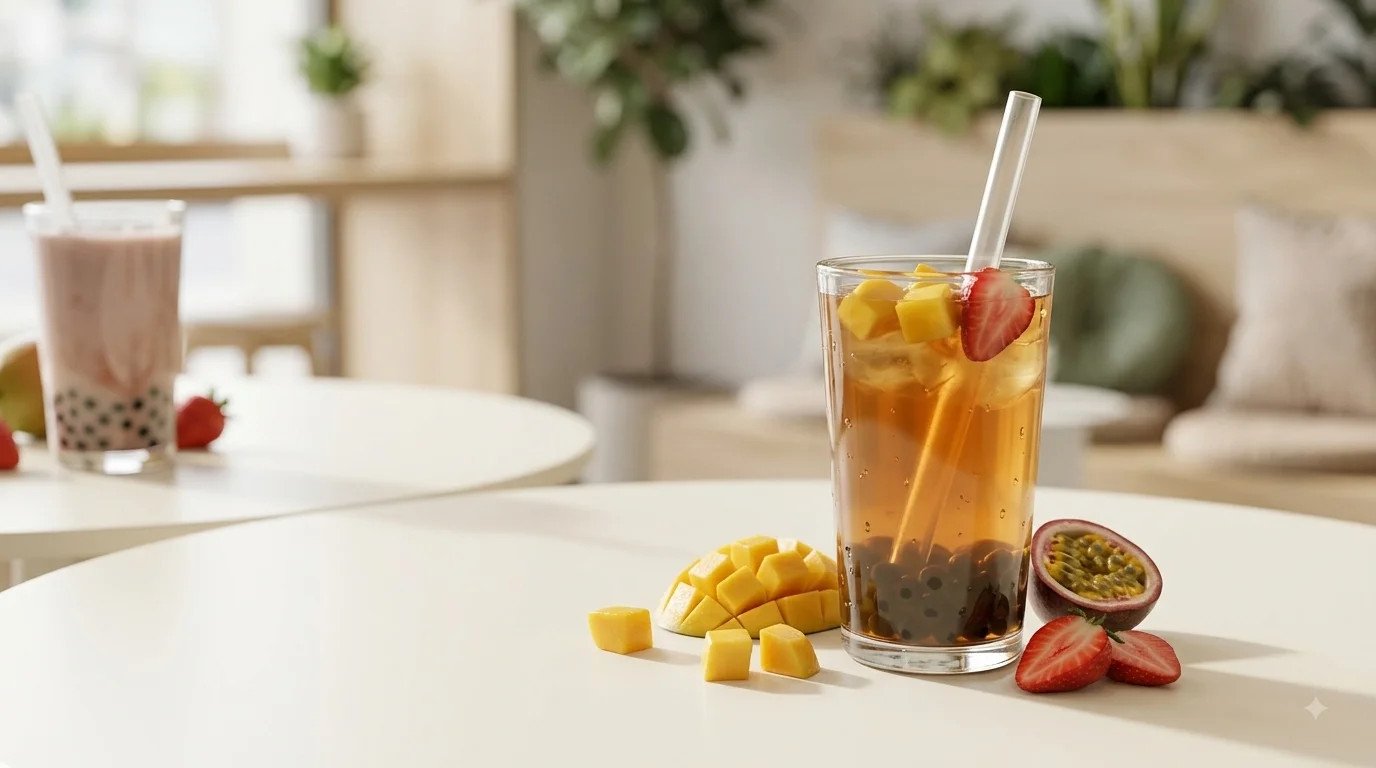 Babeltee bubble tea with tapioca pearls and fresh fruit flavors