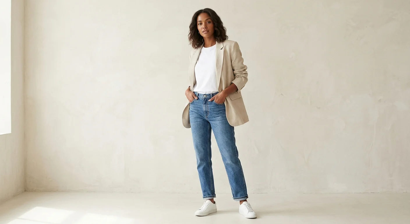 A full-body photograph of a woman with shoulder-length curly hair, wearing a beige unstructured linen blazer over a white t-shirt and light-wash straight-leg jeans with white sneakers. She is standing with her hands in her pockets and looking confidently at the camera against a textured beige studio background with soft window light. Trying to explain what is Blazertje.