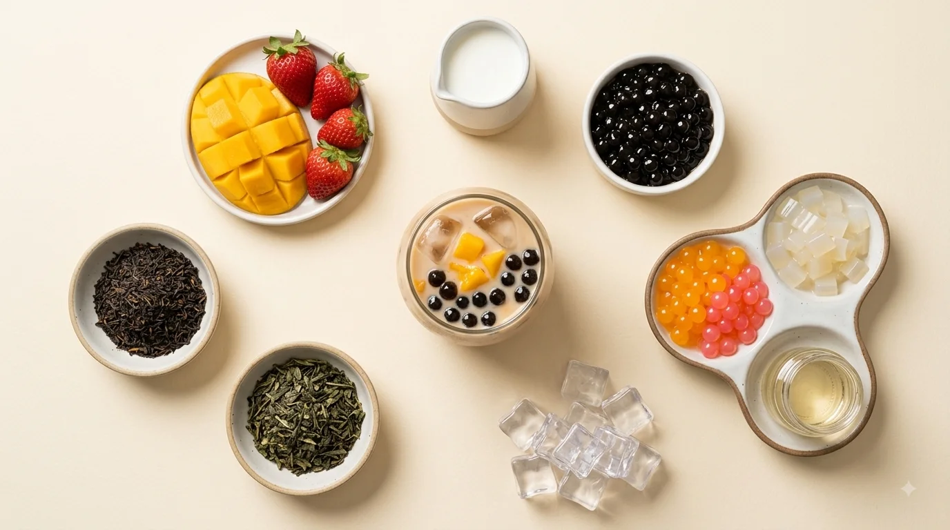 Babeltee ingredients with tea fruit milk tapioca pearls and toppings