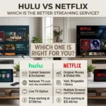 A split image contrasting a living room setup with Hulu on the TV and a tablet on the left coffee table against a Netflix setup on the right TV and tablet, titled "Hulu vs Netflix: Which is the Better Streaming Service?