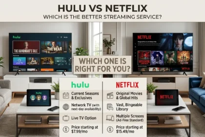 A split image contrasting a living room setup with Hulu on the TV and a tablet on the left coffee table against a Netflix setup on the right TV and tablet, titled "Hulu vs Netflix: Which is the Better Streaming Service?