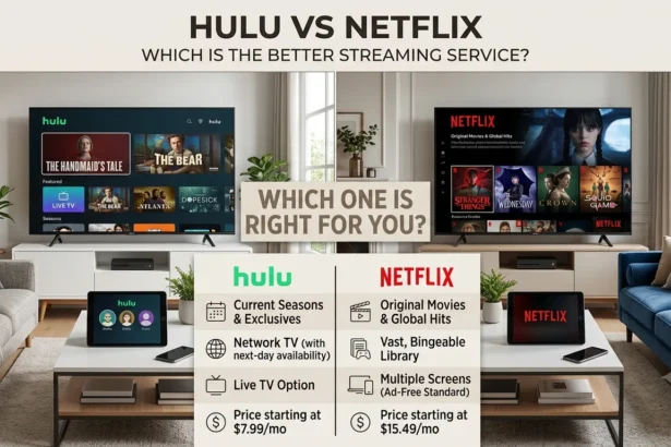 A split image contrasting a living room setup with Hulu on the TV and a tablet on the left coffee table against a Netflix setup on the right TV and tablet, titled "Hulu vs Netflix: Which is the Better Streaming Service?