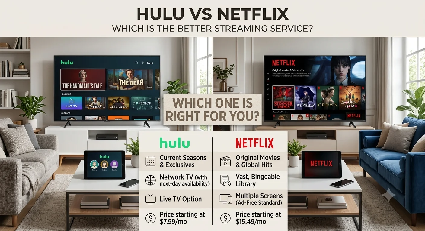 A split image contrasting a living room setup with Hulu on the TV and a tablet on the left coffee table against a Netflix setup on the right TV and tablet, titled "Hulu vs Netflix: Which is the Better Streaming Service?