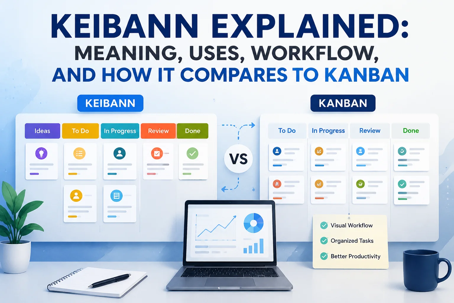 Keibann explained with visual workflow boards comparing Keibann and Kanban task management methods