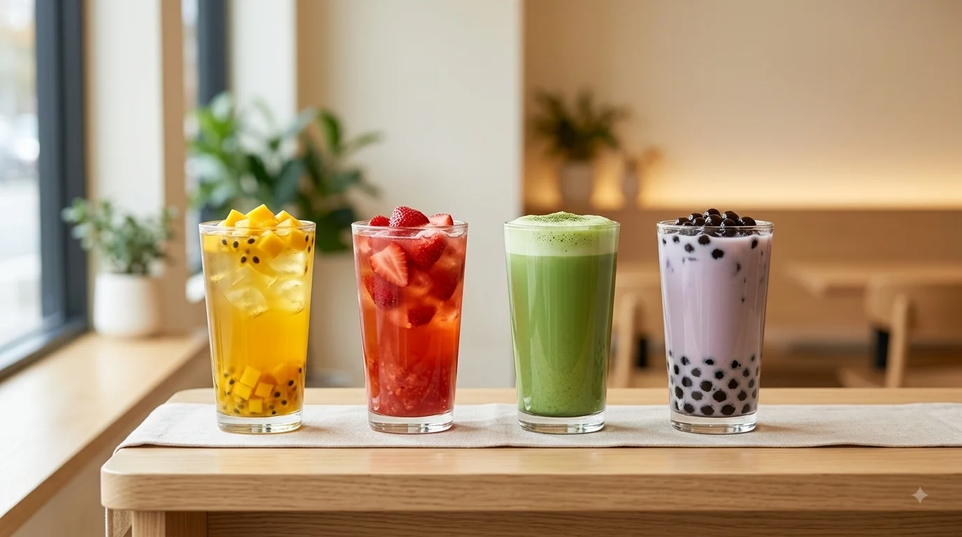 Popular Babeltee flavors including mango strawberry matcha and taro