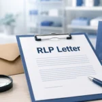 RLP Letter document on a clipboard with an envelope, pen, receipt, and shopping bag representing a retail loss prevention notice and consumer information guide.