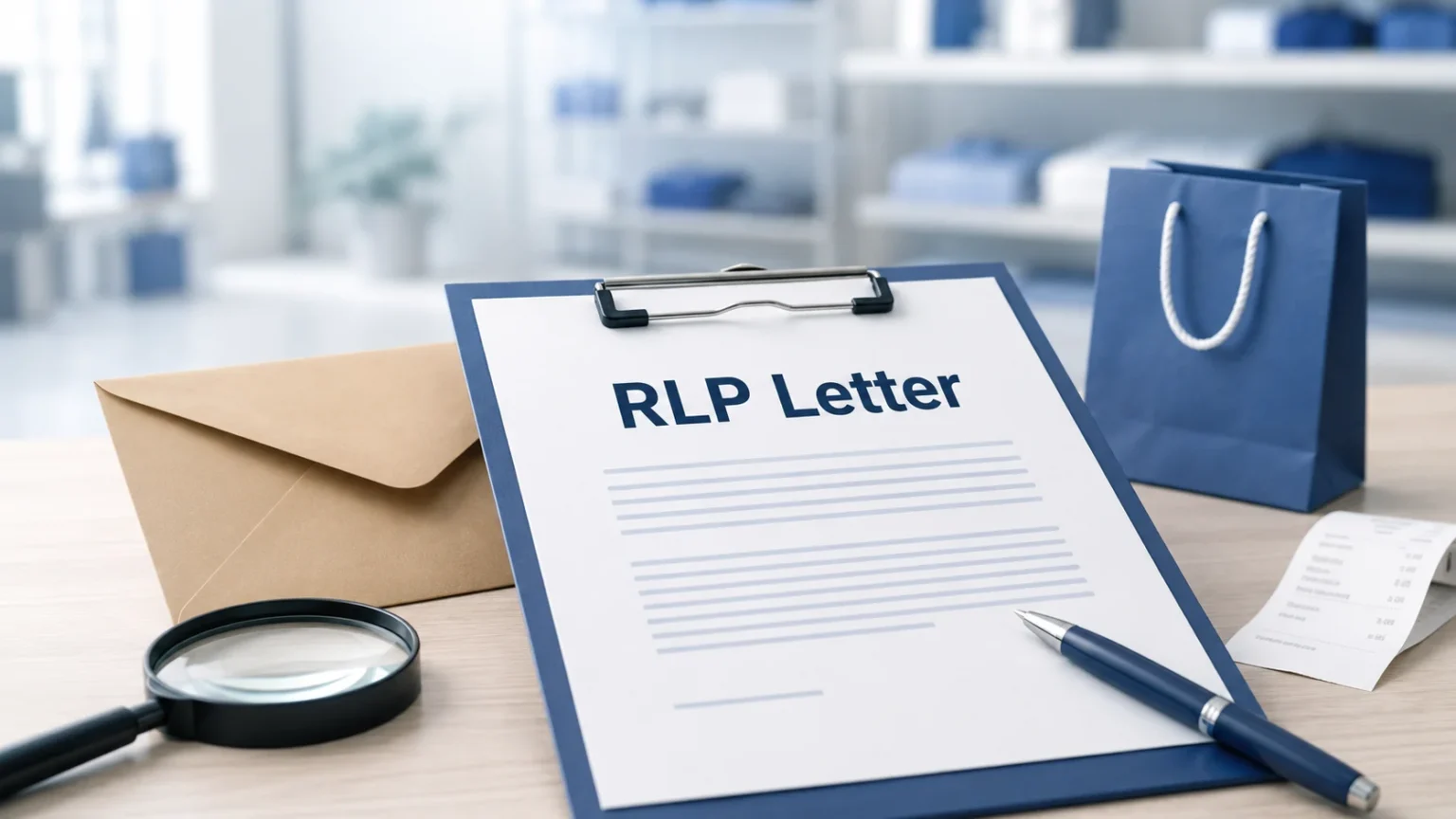 RLP Letter document on a clipboard with an envelope, pen, receipt, and shopping bag representing a retail loss prevention notice and consumer information guide.