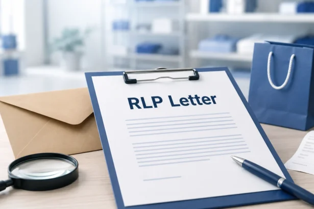 RLP Letter document on a clipboard with an envelope, pen, receipt, and shopping bag representing a retail loss prevention notice and consumer information guide.