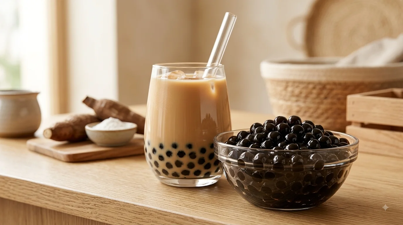 Alt Text:Black tapioca pearls used as boba in Babeltee and bubble tea