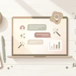 A flat-lay illustration of a laptop showing an abstract AI chatbot interface, a lightbulb icon, and a bar chart, surrounded by a succulent, an open notebook, a pen, wireless earbuds, and a grey cloth on a wooden desk.