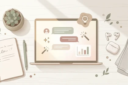 A flat-lay illustration of a laptop showing an abstract AI chatbot interface, a lightbulb icon, and a bar chart, surrounded by a succulent, an open notebook, a pen, wireless earbuds, and a grey cloth on a wooden desk.