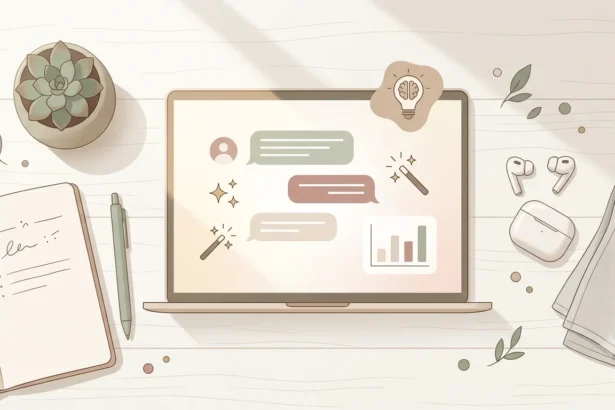 A flat-lay illustration of a laptop showing an abstract AI chatbot interface, a lightbulb icon, and a bar chart, surrounded by a succulent, an open notebook, a pen, wireless earbuds, and a grey cloth on a wooden desk.