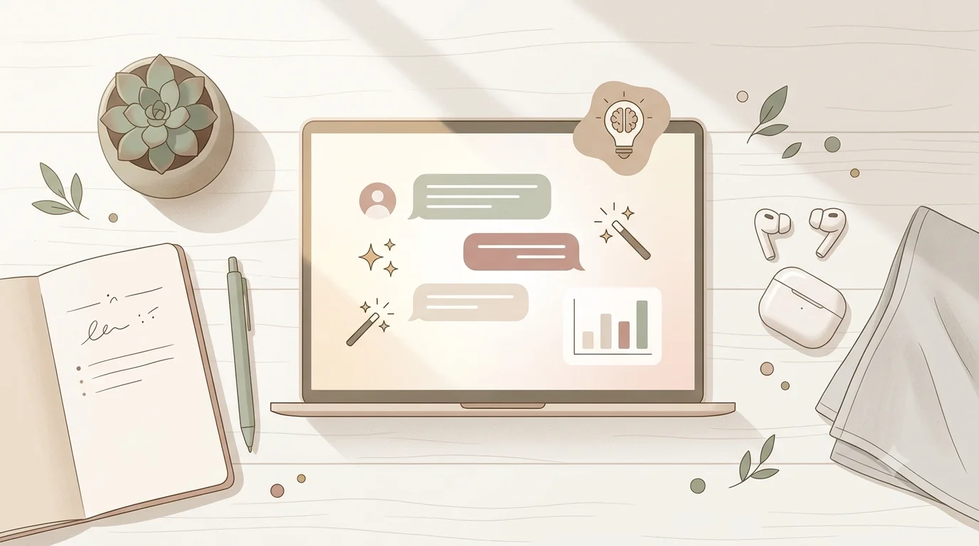 A flat-lay illustration of a laptop showing an abstract AI chatbot interface, a lightbulb icon, and a bar chart, surrounded by a succulent, an open notebook, a pen, wireless earbuds, and a grey cloth on a wooden desk.
