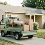 A green mini truck loaded with cardboard boxes and a wooden chair, parked in front of a house, illustrative for someone learning how to start a junk removal business.