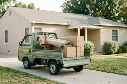 A green mini truck loaded with cardboard boxes and a wooden chair, parked in front of a house, illustrative for someone learning how to start a junk removal business.