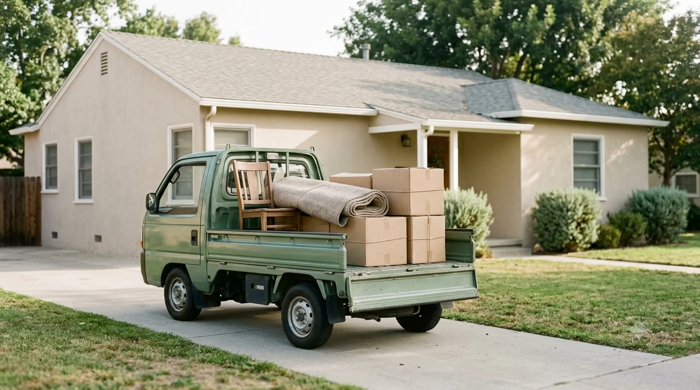 A green mini truck loaded with cardboard boxes and a wooden chair, parked in front of a house, illustrative for someone learning how to start a junk removal business.