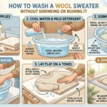 A six-step illustrated guide showing how to properly hand wash and dry a wool sweater to prevent shrinking and damage.