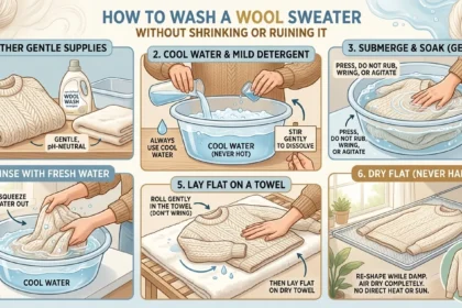A six-step illustrated guide showing how to properly hand wash and dry a wool sweater to prevent shrinking and damage.