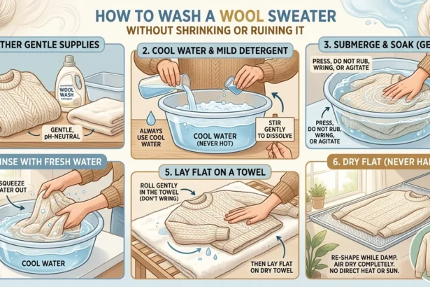 A six-step illustrated guide showing how to properly hand wash and dry a wool sweater to prevent shrinking and damage.