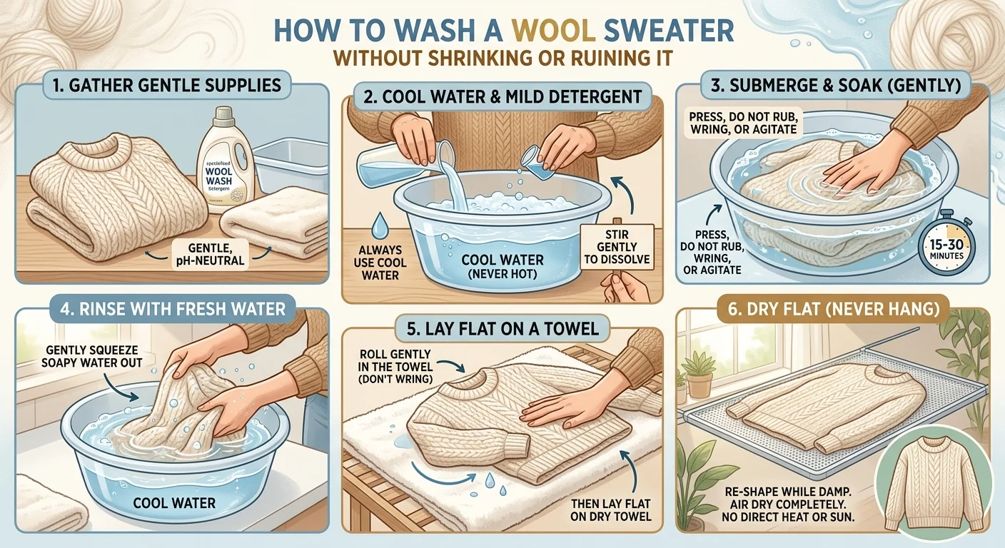 A six-step illustrated guide showing how to properly hand wash and dry a wool sweater to prevent shrinking and damage.