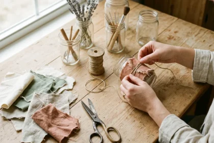 Flat-lay of a home craft workspace with upcycled glass jars, natural twine, and fabric scraps, with hands shaping materials in soft natural light.